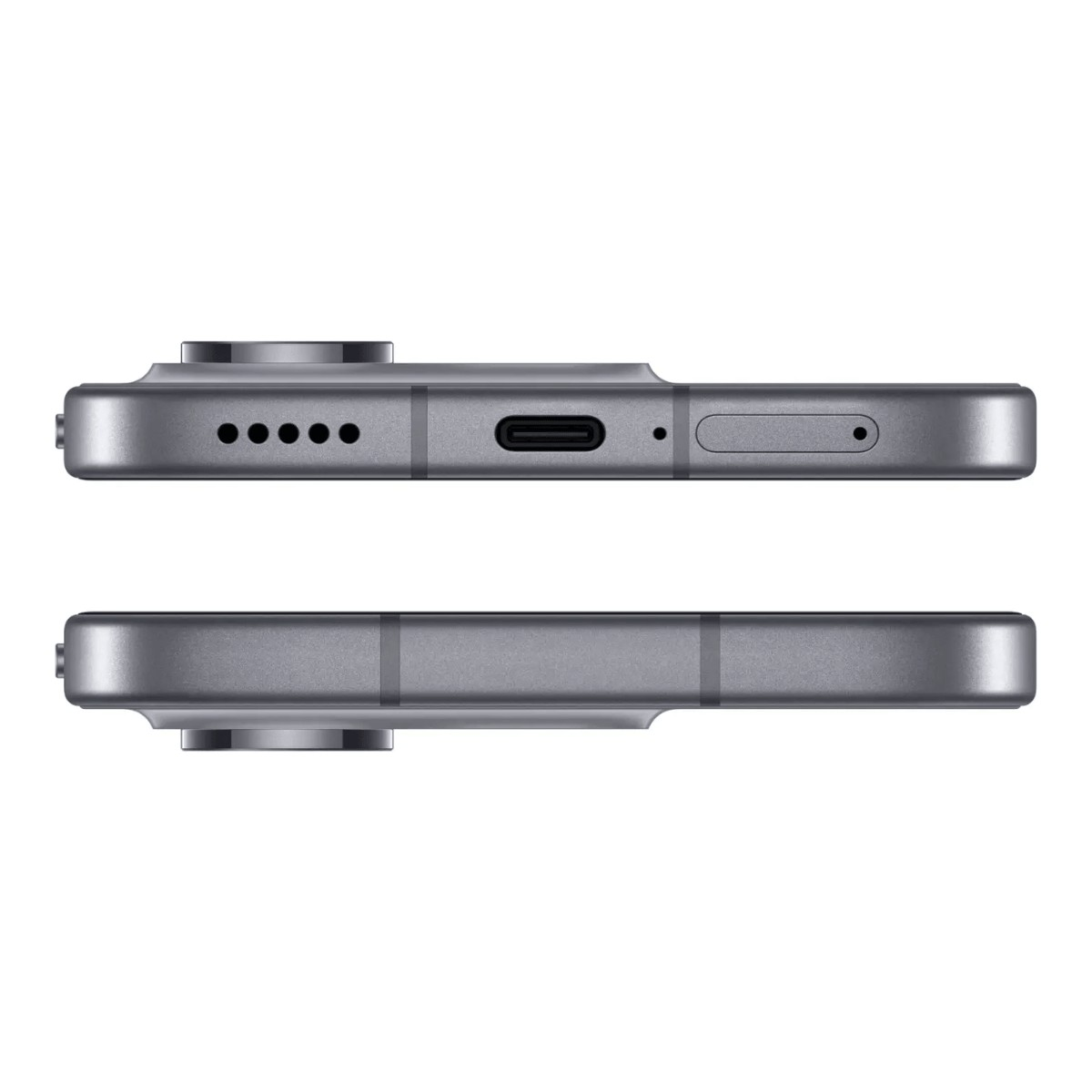 Vista inferiore e superiore di uno smartphone grigio con altoparlante, porta USB-C, microfono e carrello SIM.