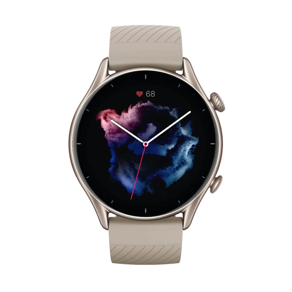 Eine goldene Smartwatch mit beigem Silikonarmband und einem farbigen Wolkenmuster auf dem runden Display.