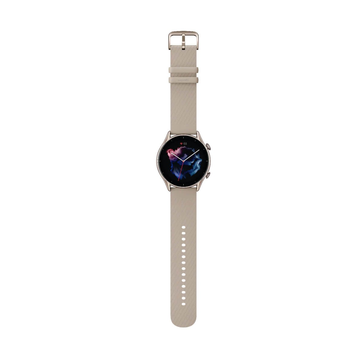 Eine roségoldene Smartwatch mit beigem Silikonarmband und einem farbigen Zifferblatt auf weißem Hintergrund.
