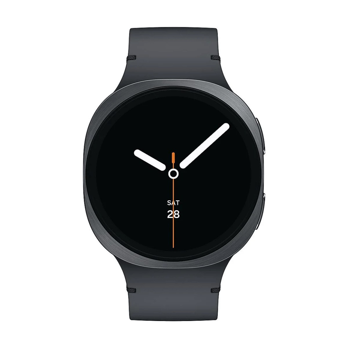Une montre connectée noire avec un cadran rond, des aiguilles blanches et une trotteuse orange indiquant le samedi 28.