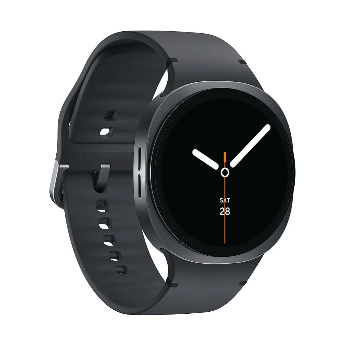 Une montre connectée noire avec un écran rond, des aiguilles blanches et un bracelet en silicone sur fond blanc.