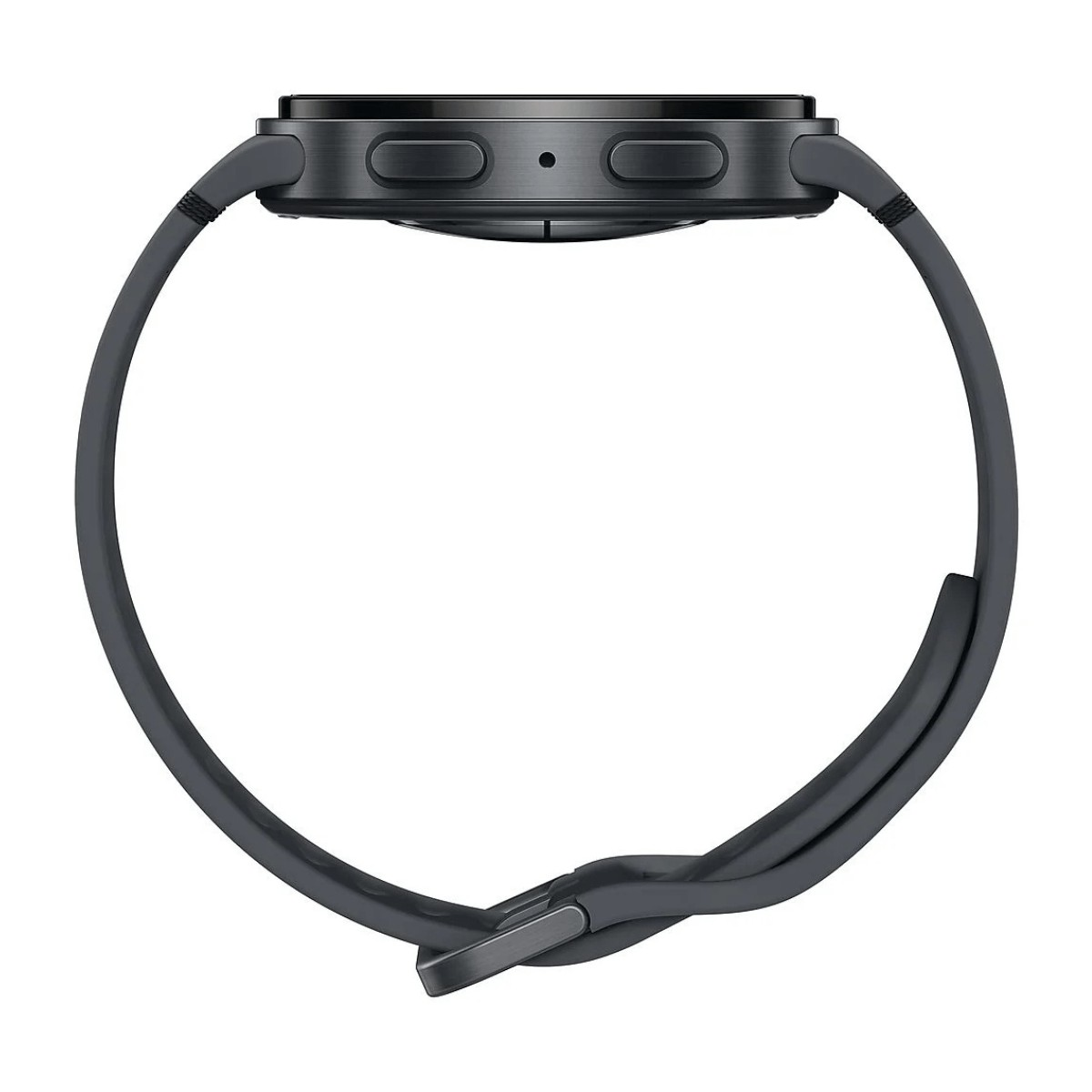 Czarny smartwatch z dwoma bocznymi przyciskami i ciemnym paskiem na białym tle.