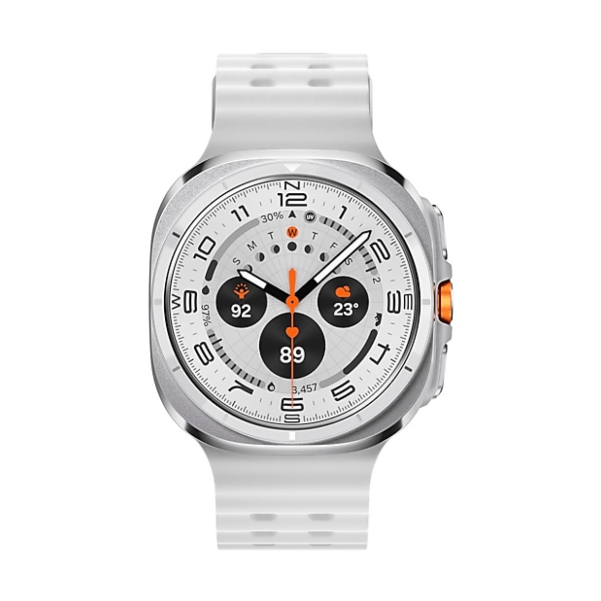 Une montre connectée argentée avec un bracelet en silicone blanc et un cadran numérique détaillé.