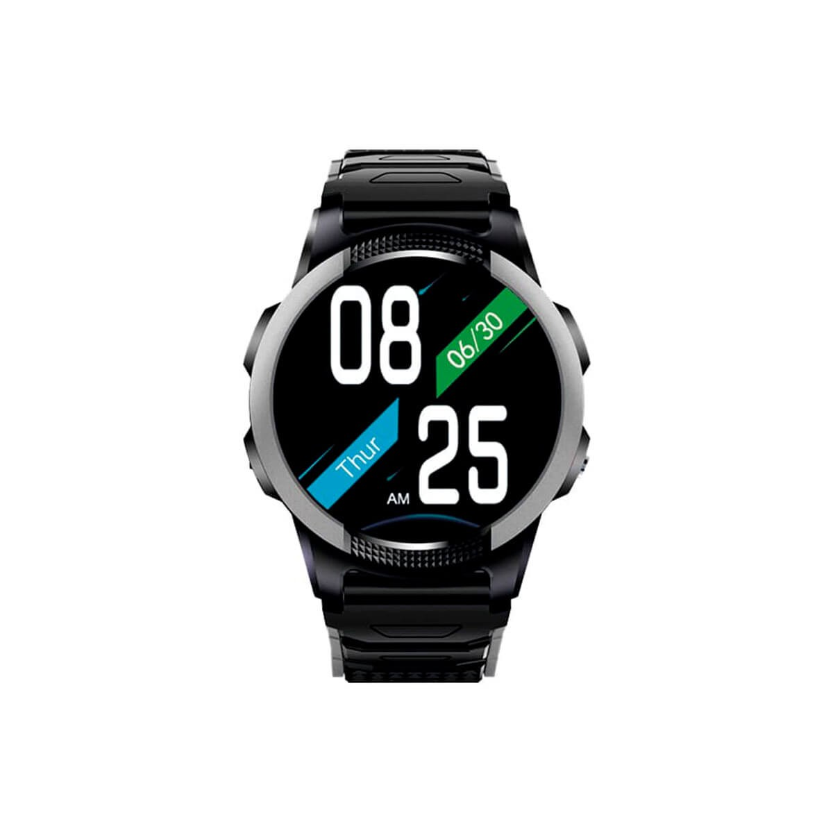 Uno smartwatch nero con schermo tondo mostra cifre di ora e data su sfondo nero.