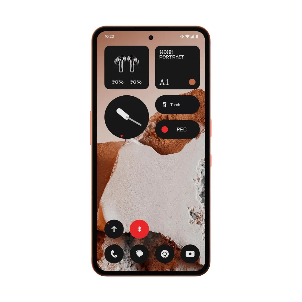 Uno smartphone che mostra una schermata iniziale nera con vari widget personalizzati.