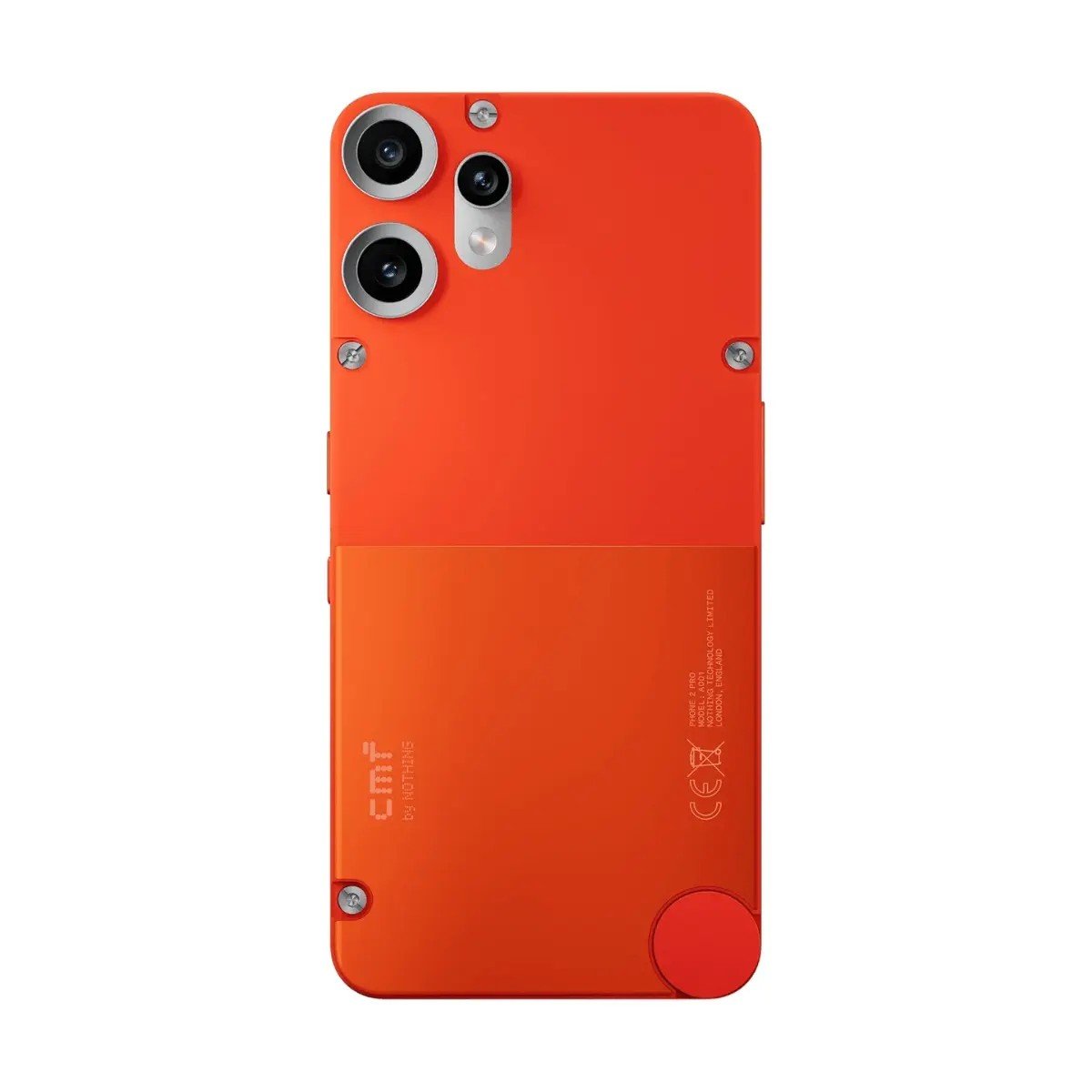 Retro di un CMF Phone 2 Pro arancione brillante con doppia fotocamera e viti visibili.