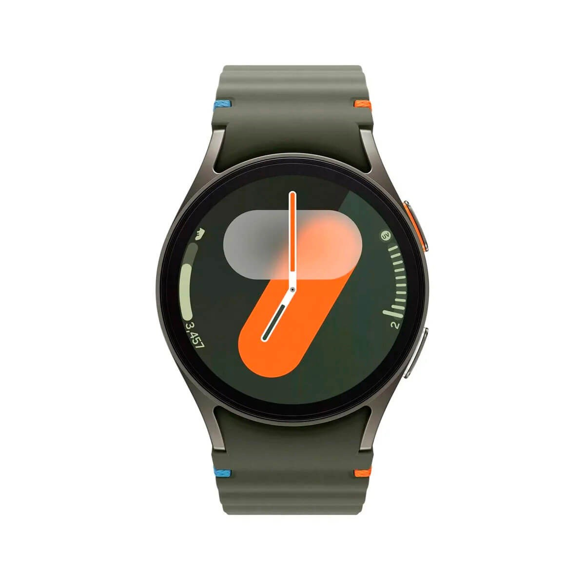 Uno smartwatch verde con un quadrante scuro e un accento arancione.