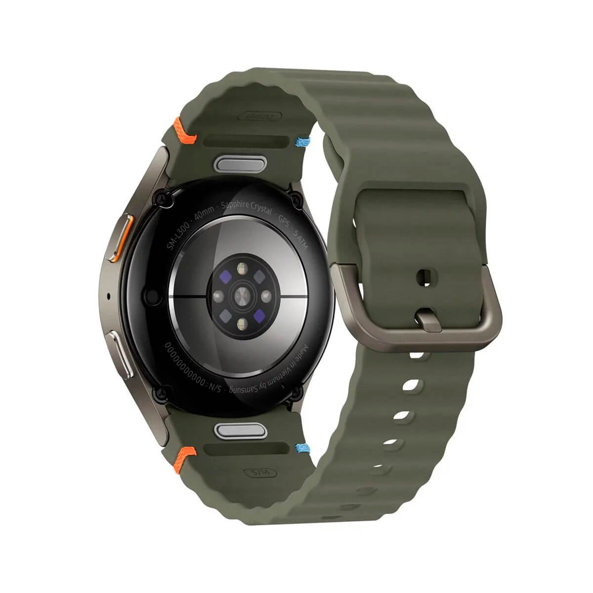Vista posteriore di uno smartwatch con cinturino in silicone verde, sensori e fibbia in metallo.