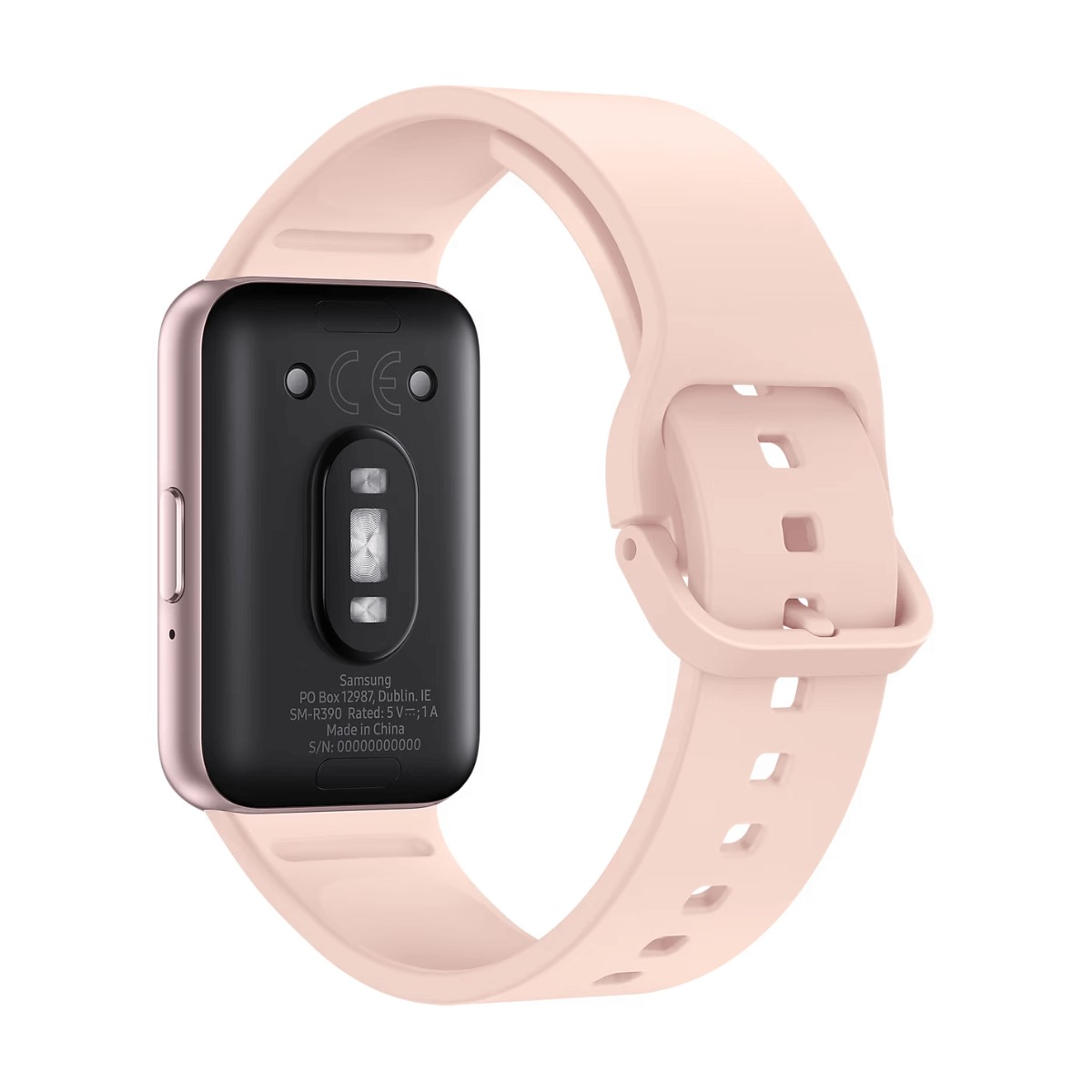 Il retro di uno smartwatch rosa con sensori, marchio CE e testo sulla cassa nera.