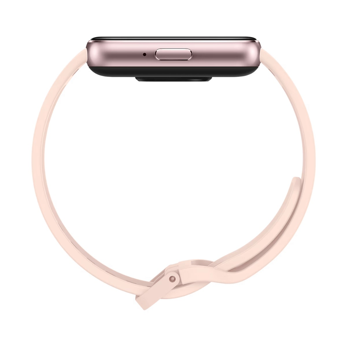 Vista laterale di uno smartwatch rosa con cinturino in silicone curvo su sfondo bianco.