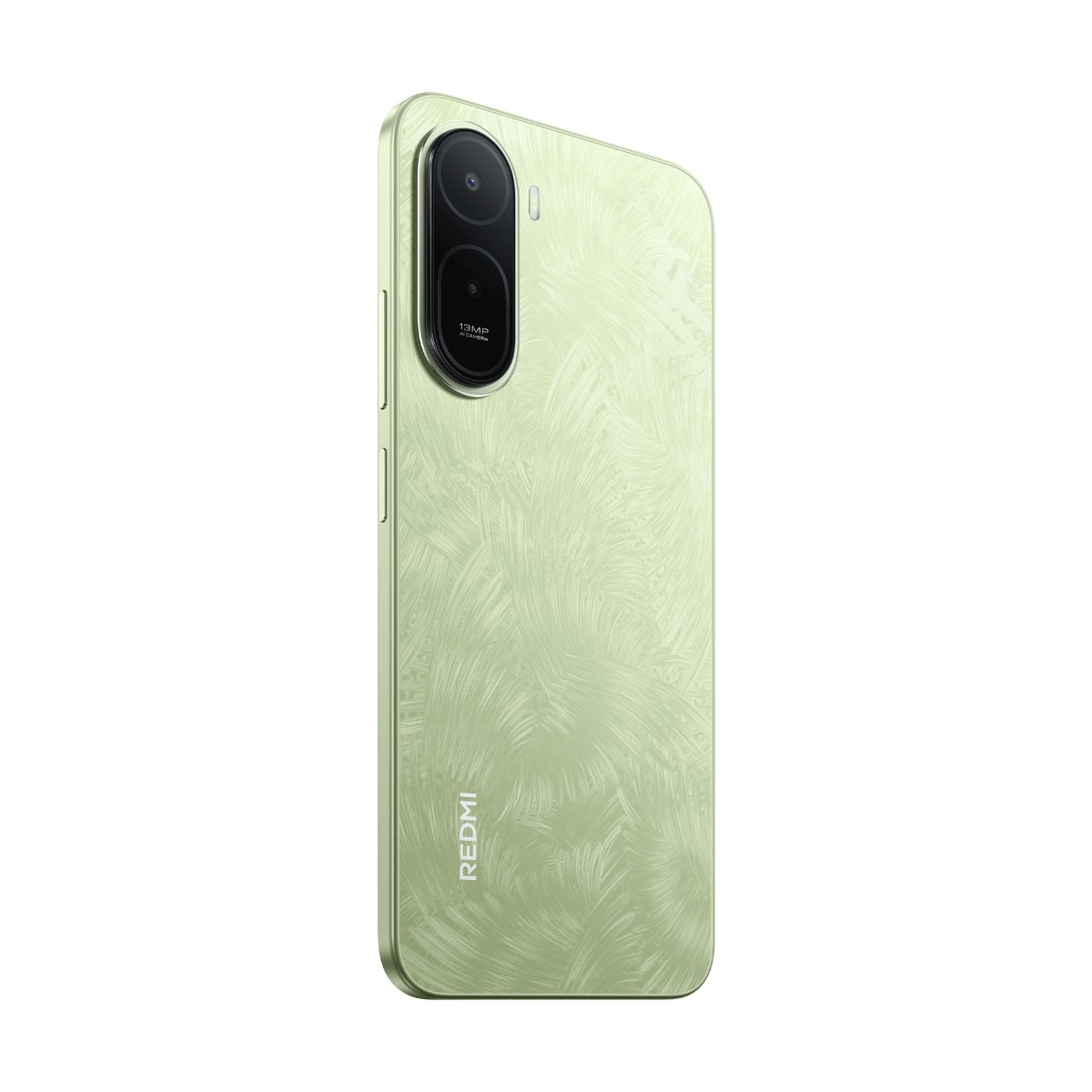 Smartphone Redmi verde chiaro con motivo testurizzato e doppia fotocamera verticale sul retro.