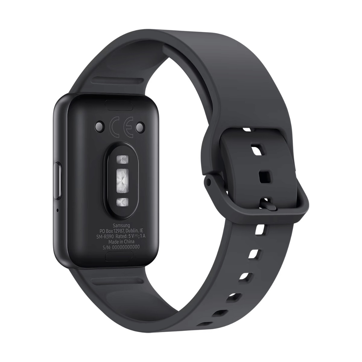 Dos d'une montre connectée noire avec capteur et bracelet sur fond blanc.