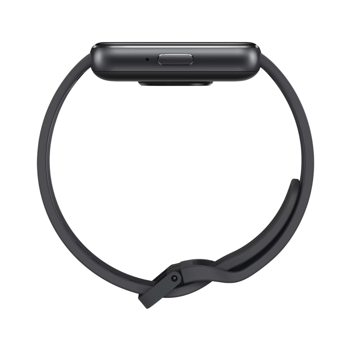 Vue latérale d'une montre connectée noire avec un bracelet noir et un boîtier rectangulaire sur fond blanc.