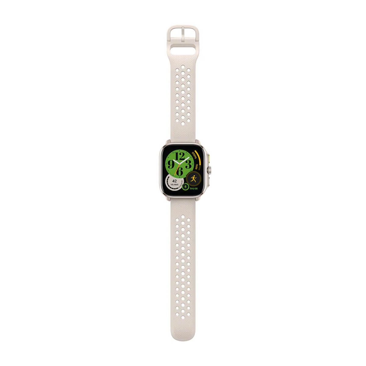 Uno smartwatch beige con cinturino in silicone perforato su sfondo bianco, con quadrante digitale verde.
