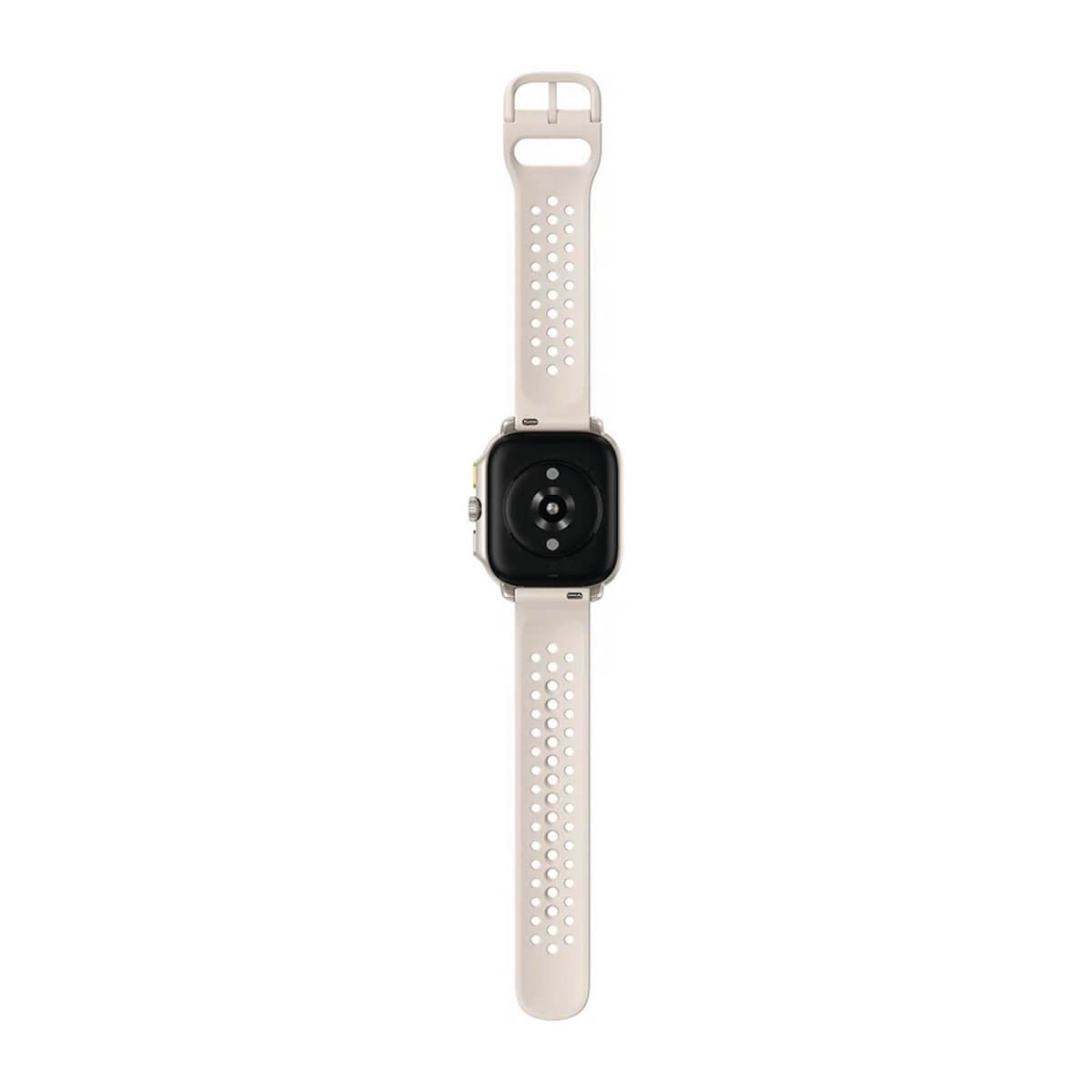 Retro di uno smartwatch con cinturino perforato beige su sfondo bianco.