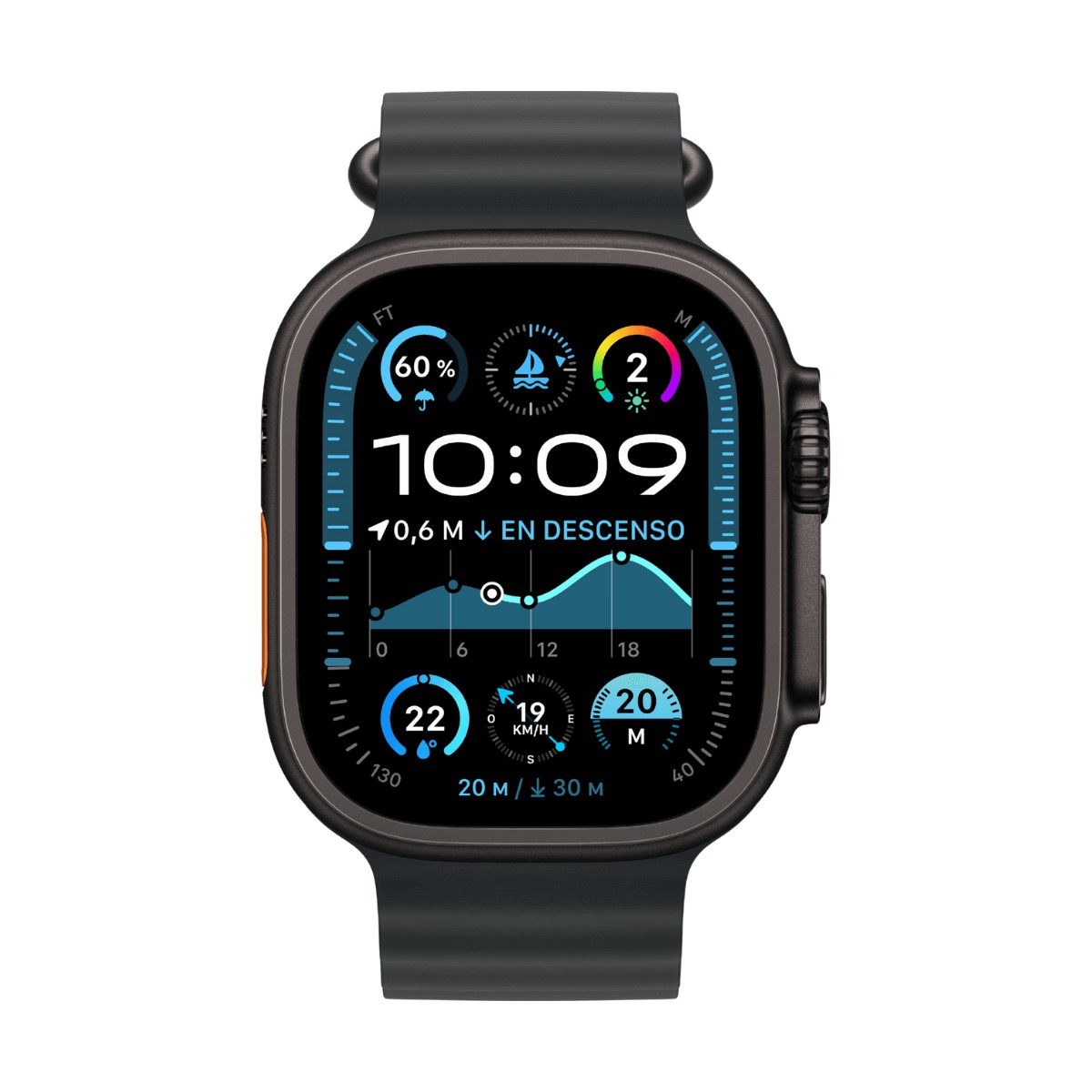A black smartwatch with a digital watch face displaying time, weather, and activity data.