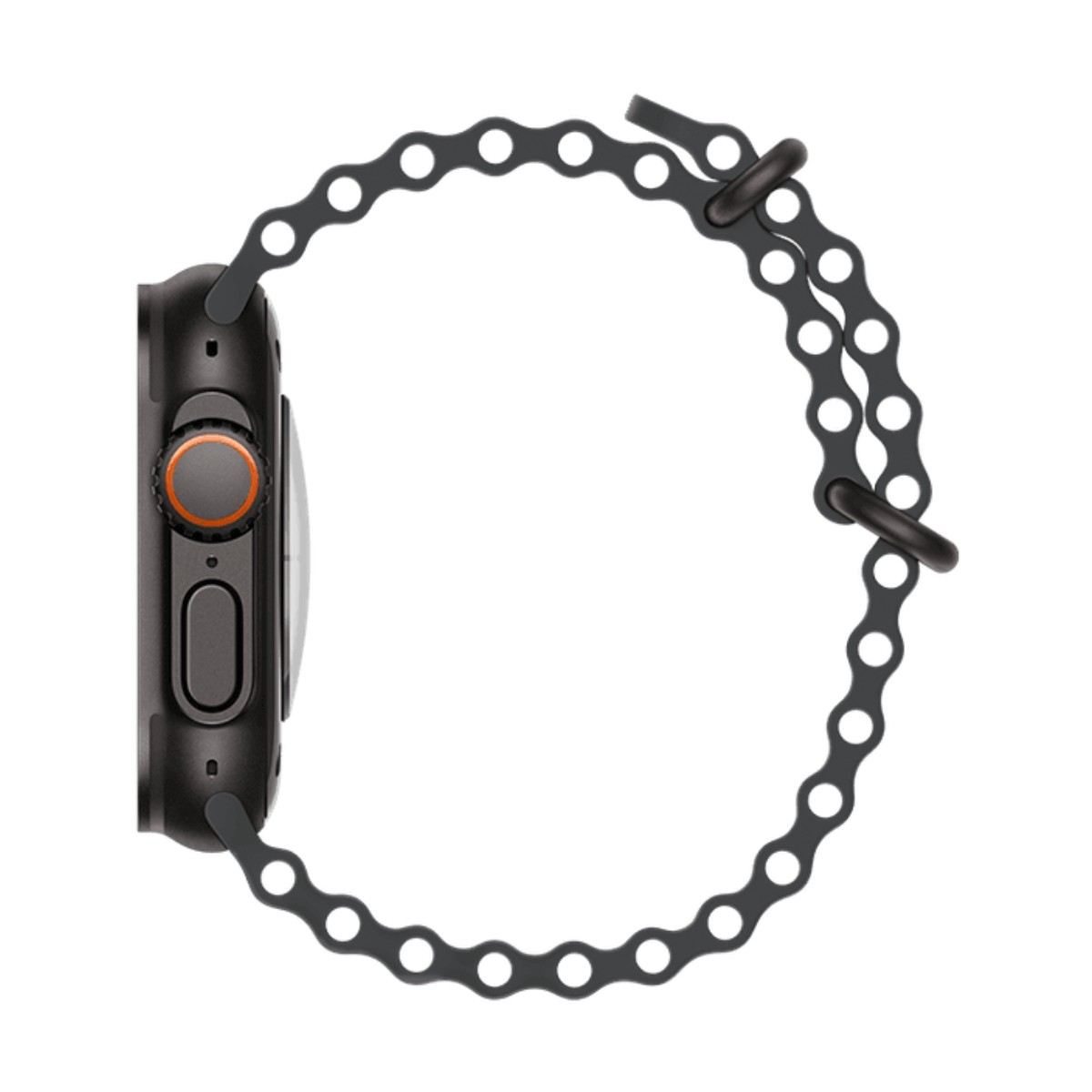 A black smartwatch with an orange-ringed crown and a patterned, perforated strap on a white background.