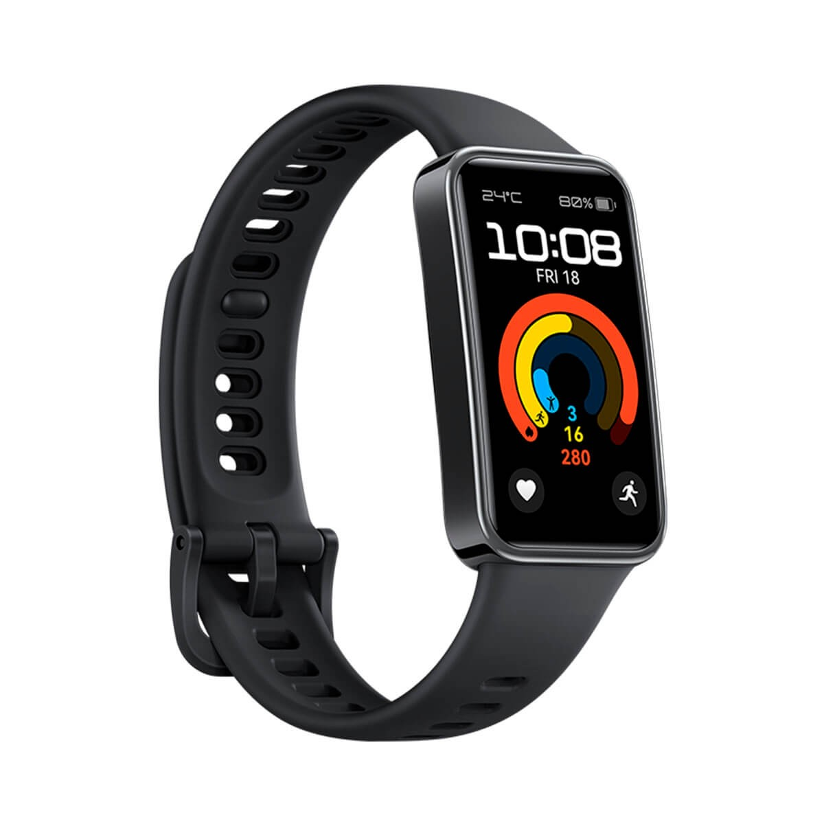 Ein schwarzes Fitness-Smartband mit einem rechteckigen Display, das Uhrzeit, Temperatur und Aktivitätsringe anzeigt.