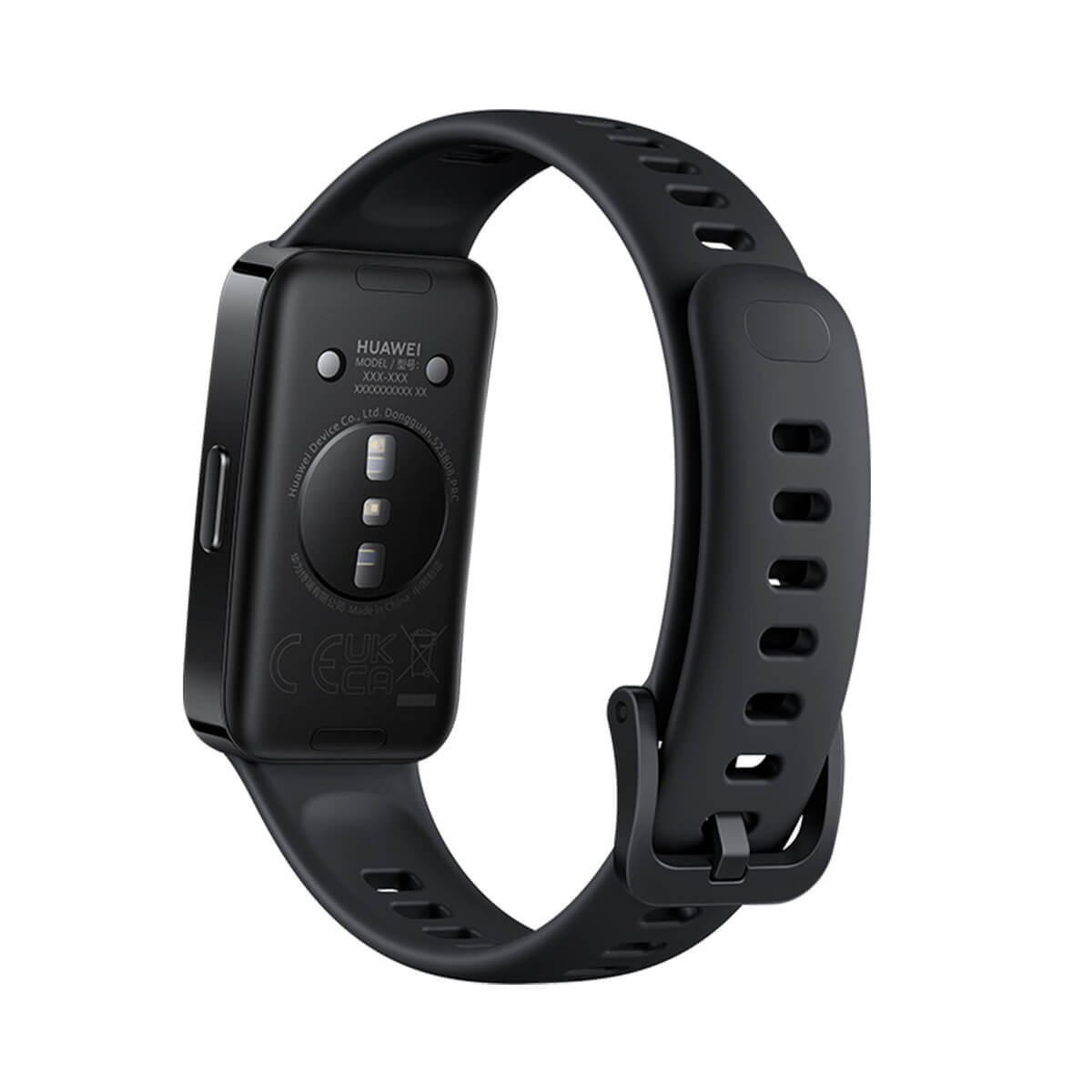 Rückseite einer schwarzen Smartwatch mit Sensoren und Markenlogo auf weißem Hintergrund.