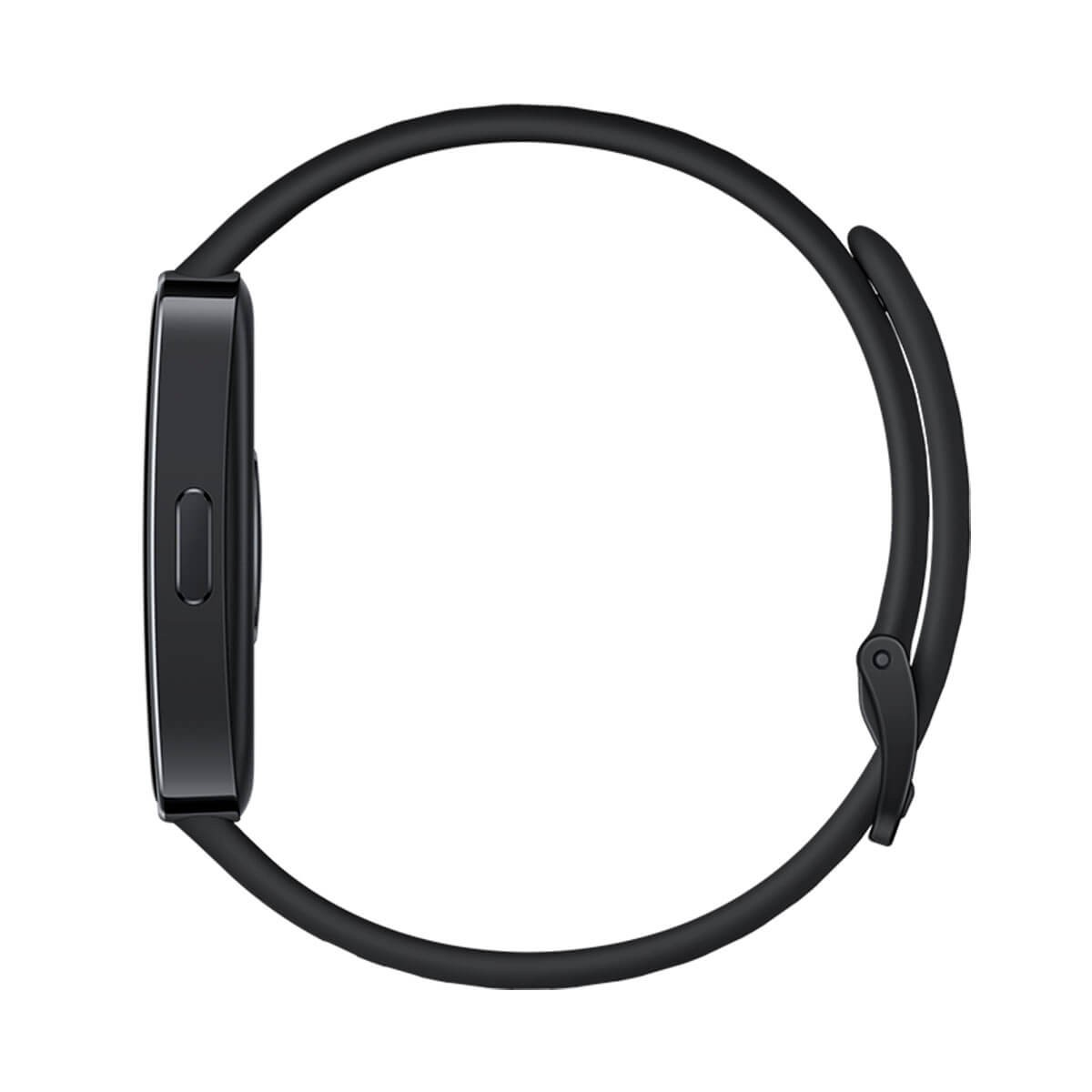 Eine schwarze Smartwatch von der Seite, die das rechteckige Gehäuse, den Knopf und das glatte Armband zeigt.