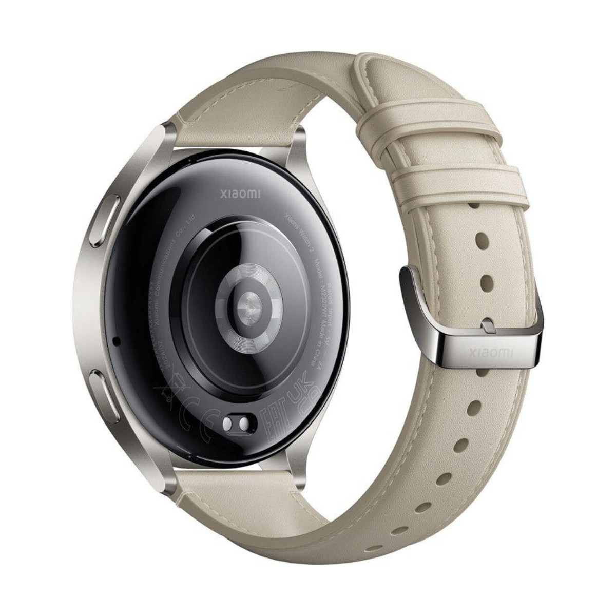 Vista posteriore di uno smartwatch Xiaomi con cassa argentata, sensori e cinturino in pelle chiara.