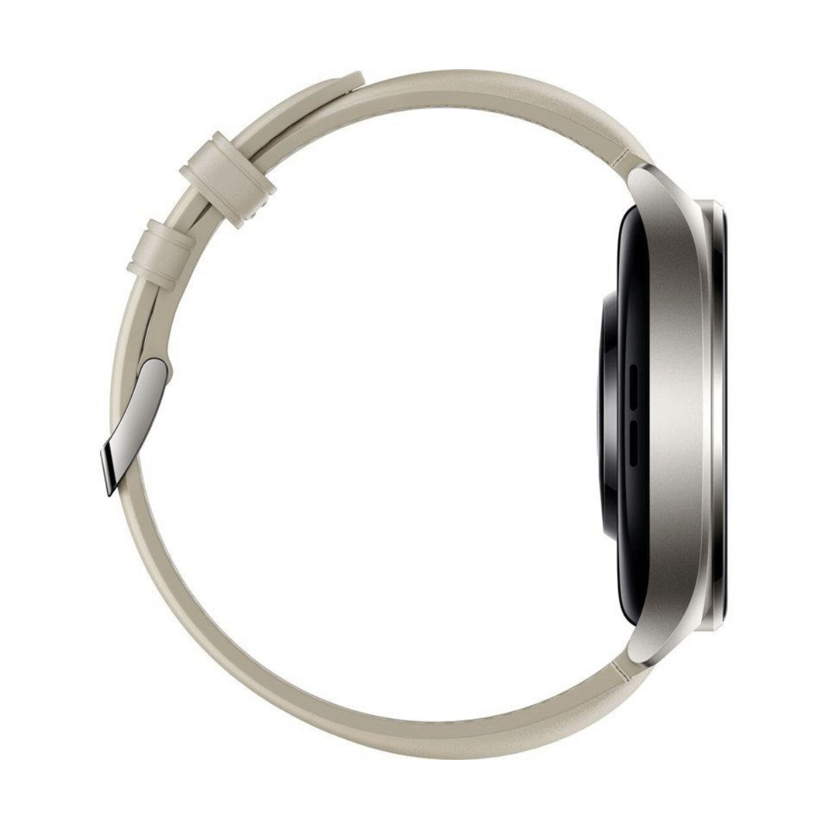 Vista laterale di uno smartwatch con cinturino in pelle chiara su sfondo bianco.