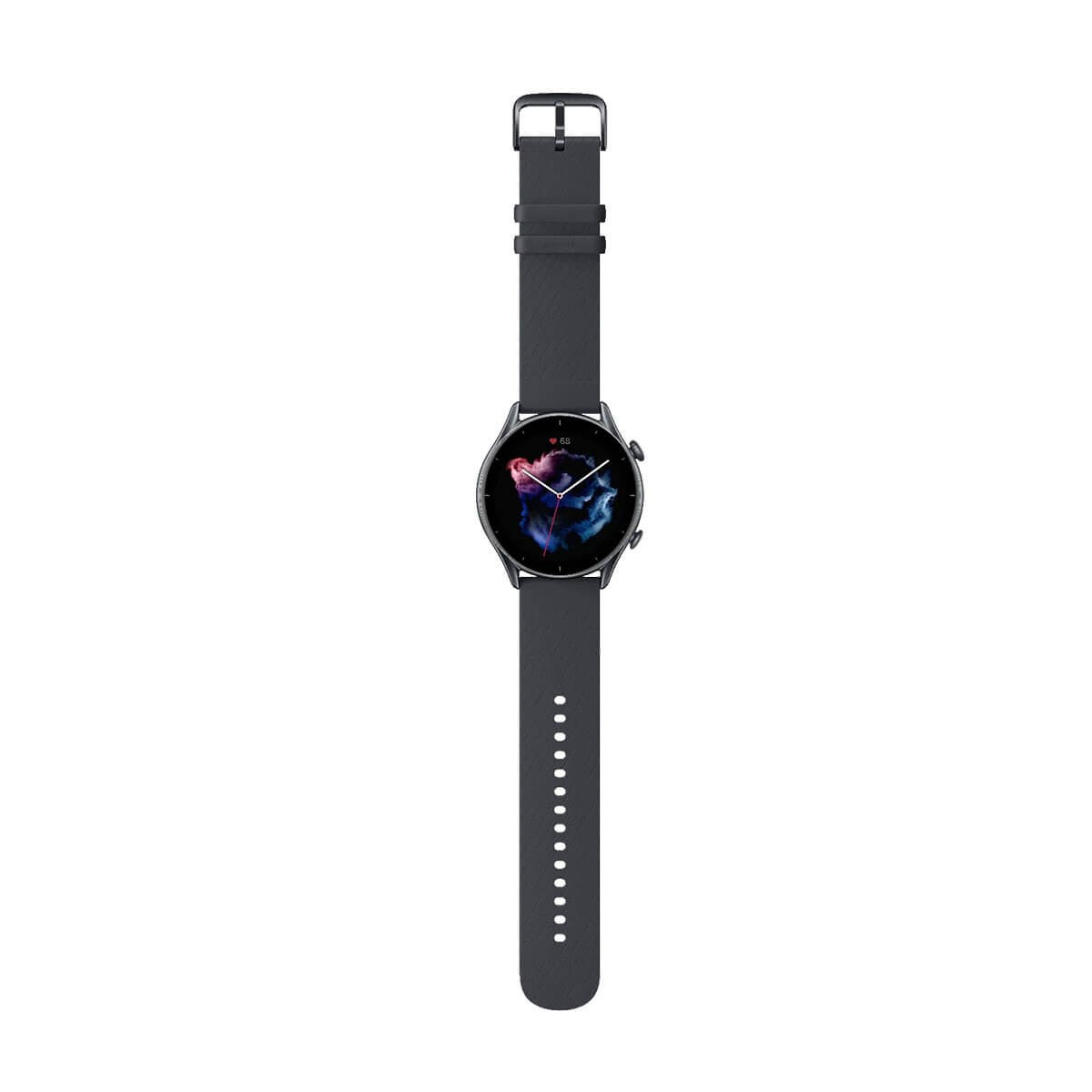 Schwarze Smartwatch mit rundem Display und Lederarmband.