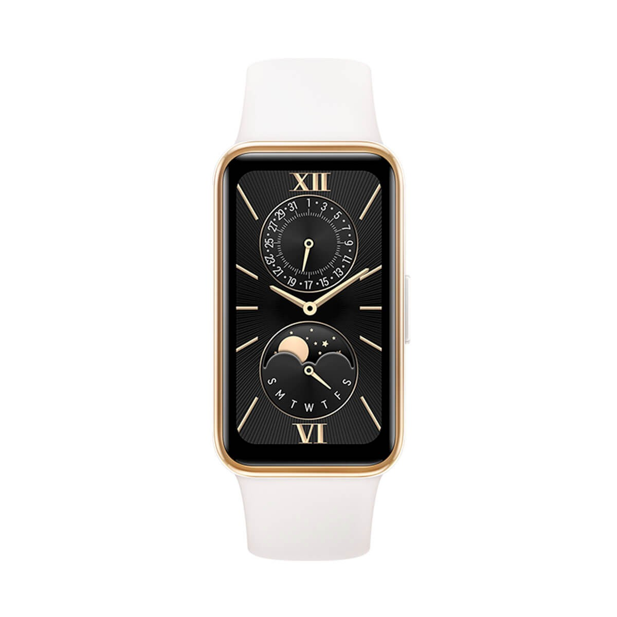 Eine elegante Smartwatch mit goldenem Gehäuse, weißem Armband und einem Zifferblatt mit Mondphase.