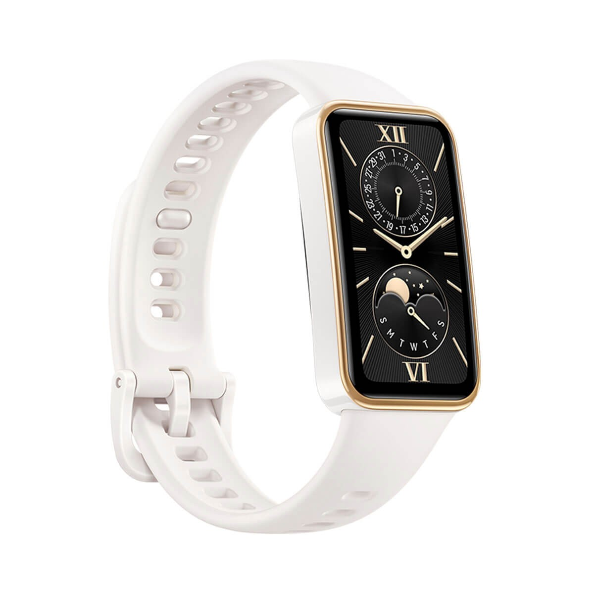Eine elegante Smartwatch mit weißem Silikonarmband und rechteckigem, goldgerahmten Display vor weißem Hintergrund.