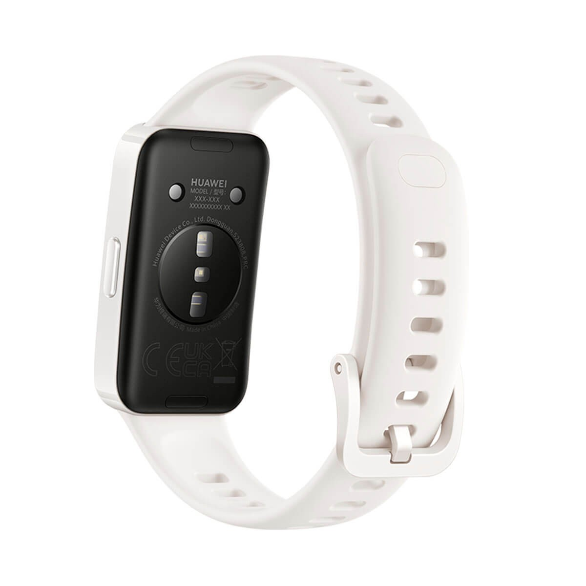 Die Rückseite einer weißen Huawei-Smartwatch mit Sensordetails und Armband.