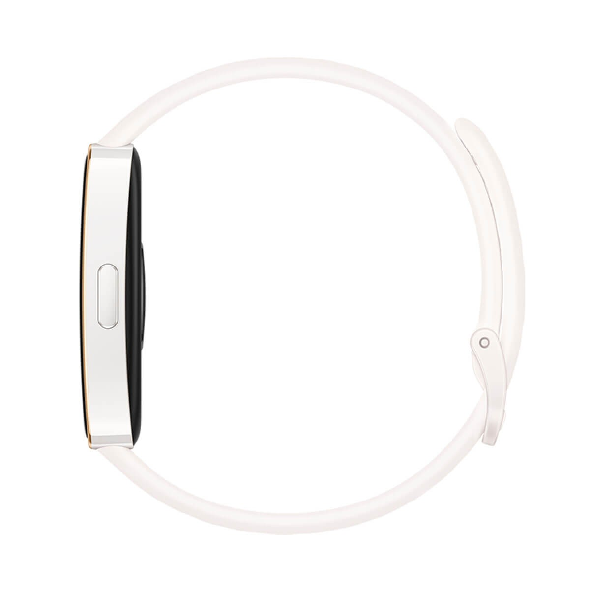 Eine weiße Smartwatch mit einem schmalen Gehäuse und einer länglichen Taste an der Seite.
