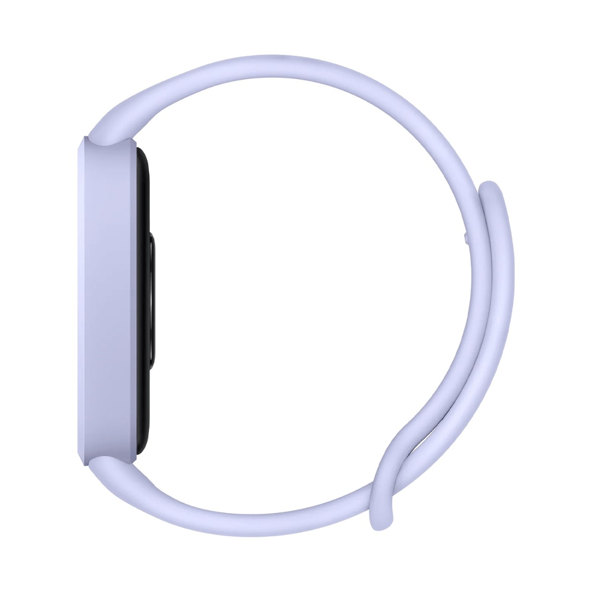 Side view of a light purple smartwatch with a rounded case and matching silicone band against a white background.