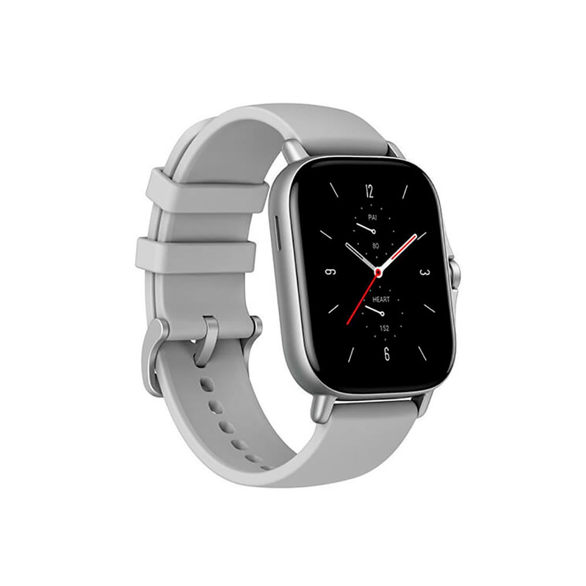 Uno smartwatch grigio con display rettangolare e cinturino in silicone chiaro su sfondo bianco.