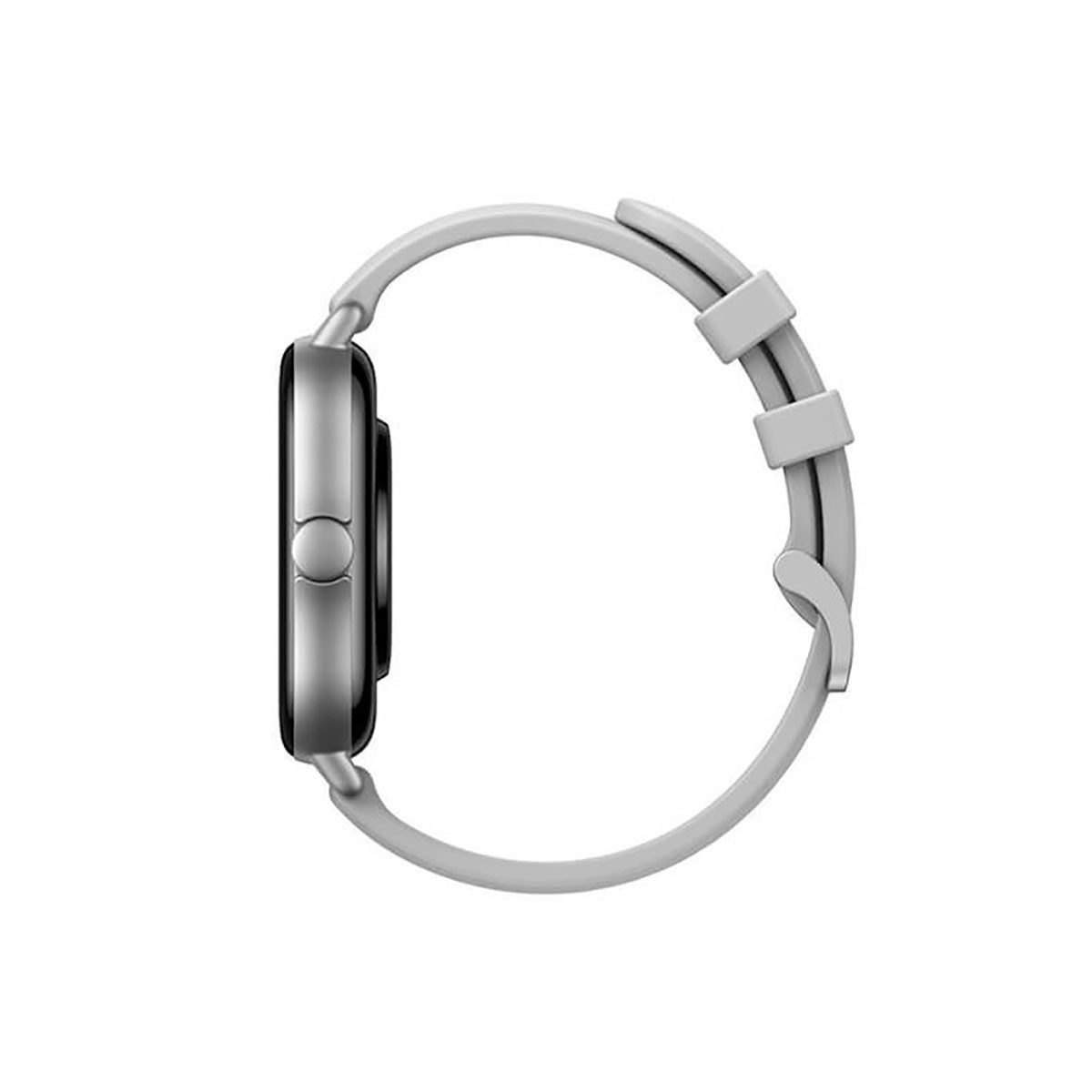 Vista laterale di uno smartwatch con cassa nera e cinturino in silicone grigio chiaro su sfondo bianco.