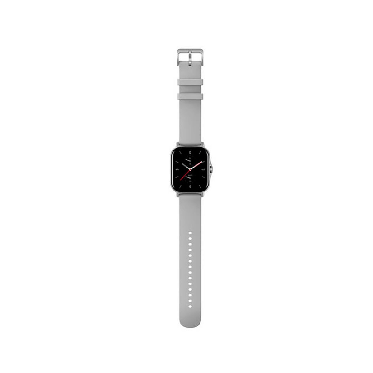Uno smartwatch con cassa argento e cinturino in silicone grigio su sfondo bianco.