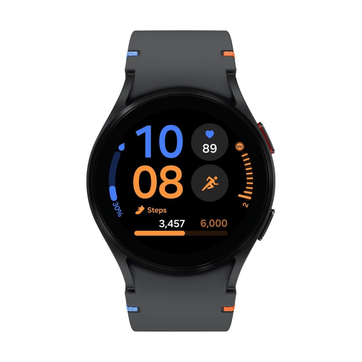 Uno smartwatch nero con cinturino in silicone mostra ora, passi e frequenza cardiaca sullo schermo.