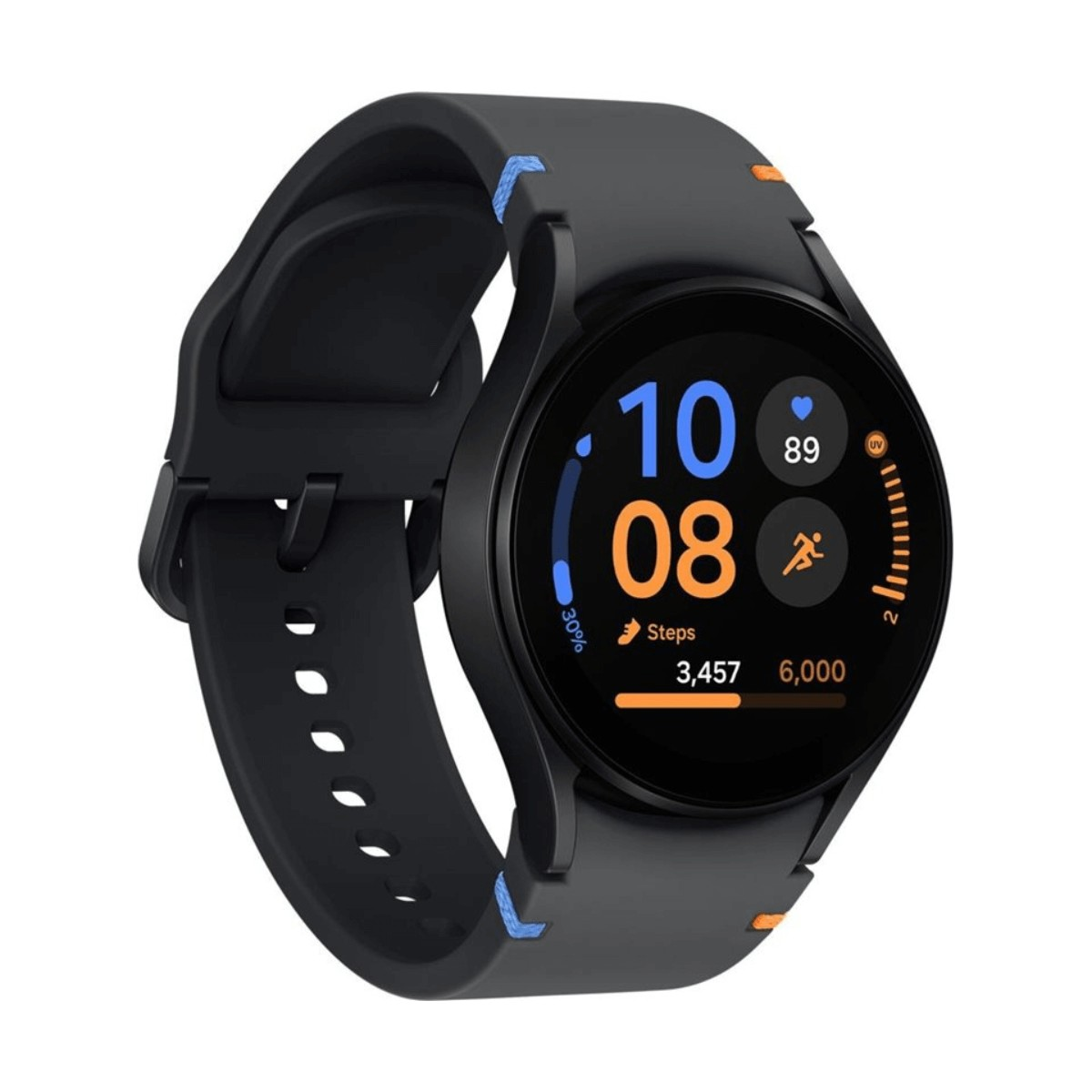 Uno smartwatch nero con display rotondo che mostra i dati di fitness sul quadrante.