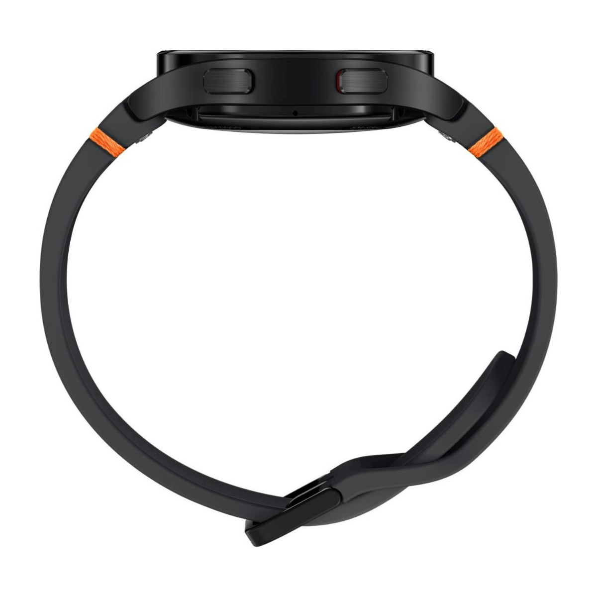 Uno smartwatch nero con cuciture arancioni sul cinturino, visto di lato su sfondo bianco.