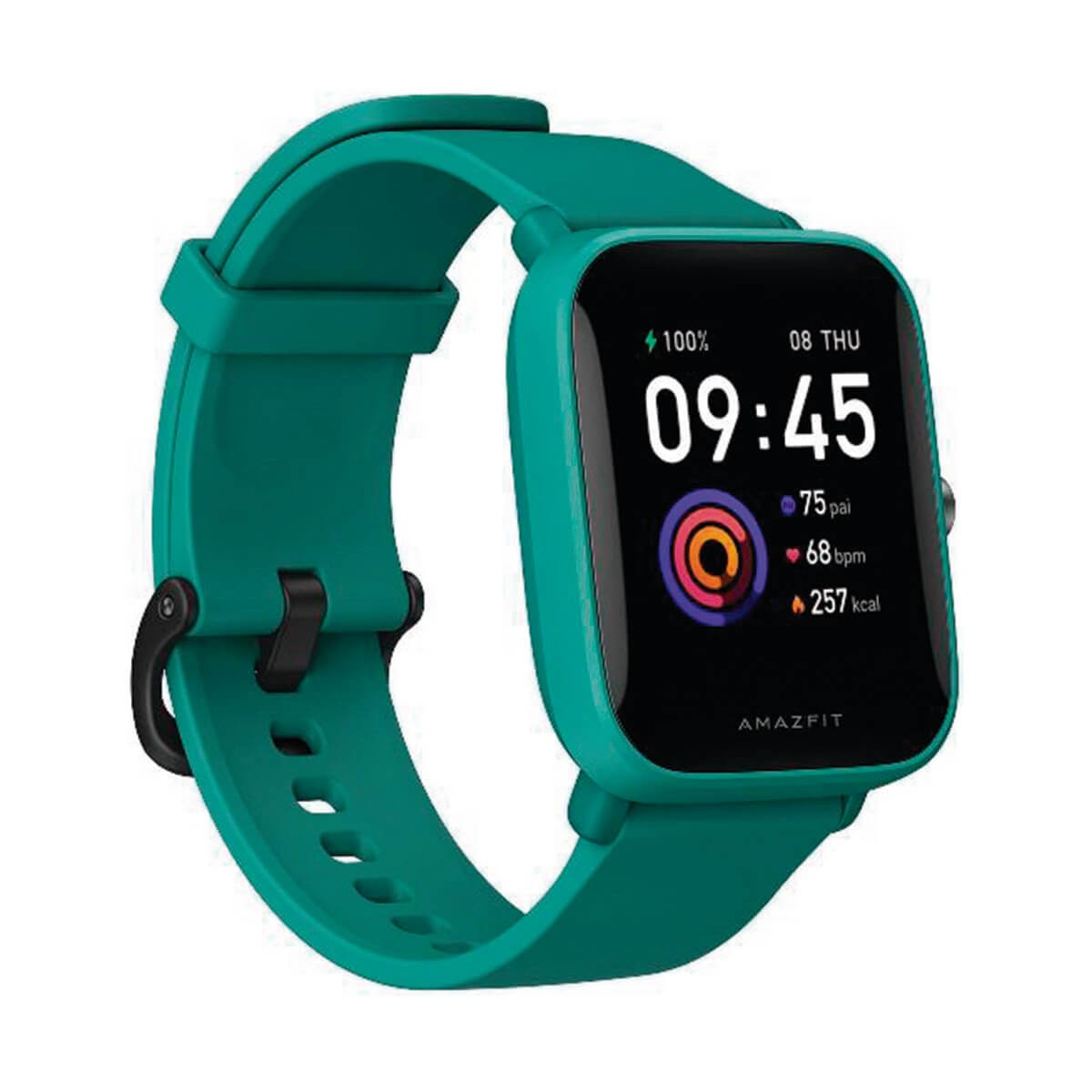 Un reloj inteligente verde con pantalla cuadrada y datos de fitness.
