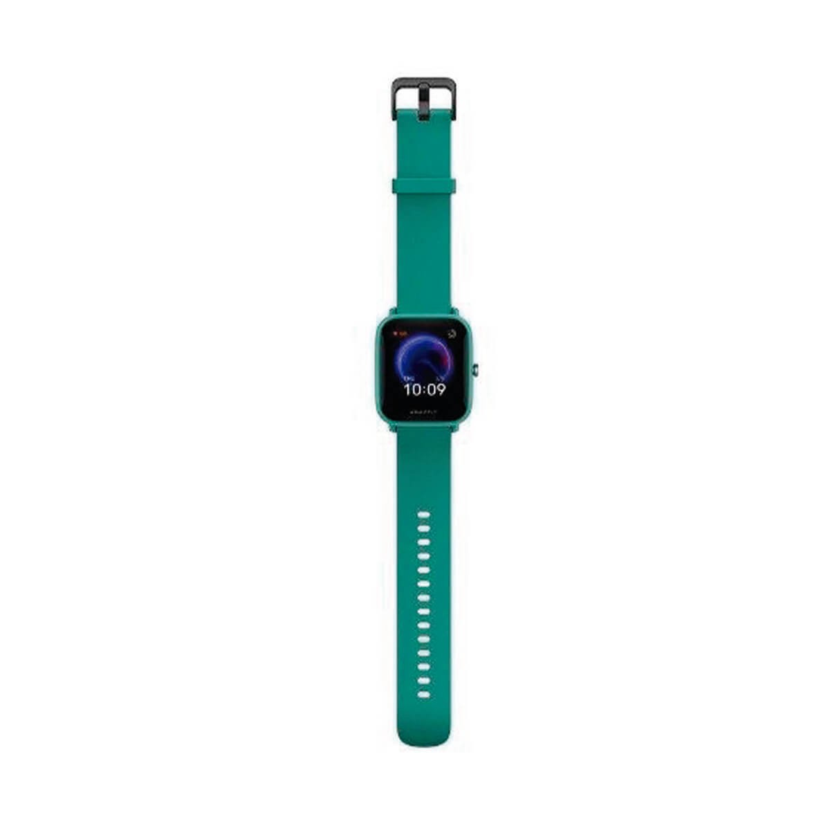 Un reloj inteligente verde azulado con pantalla digital cuadrada que muestra la hora 10:09, sobre fondo blanco.