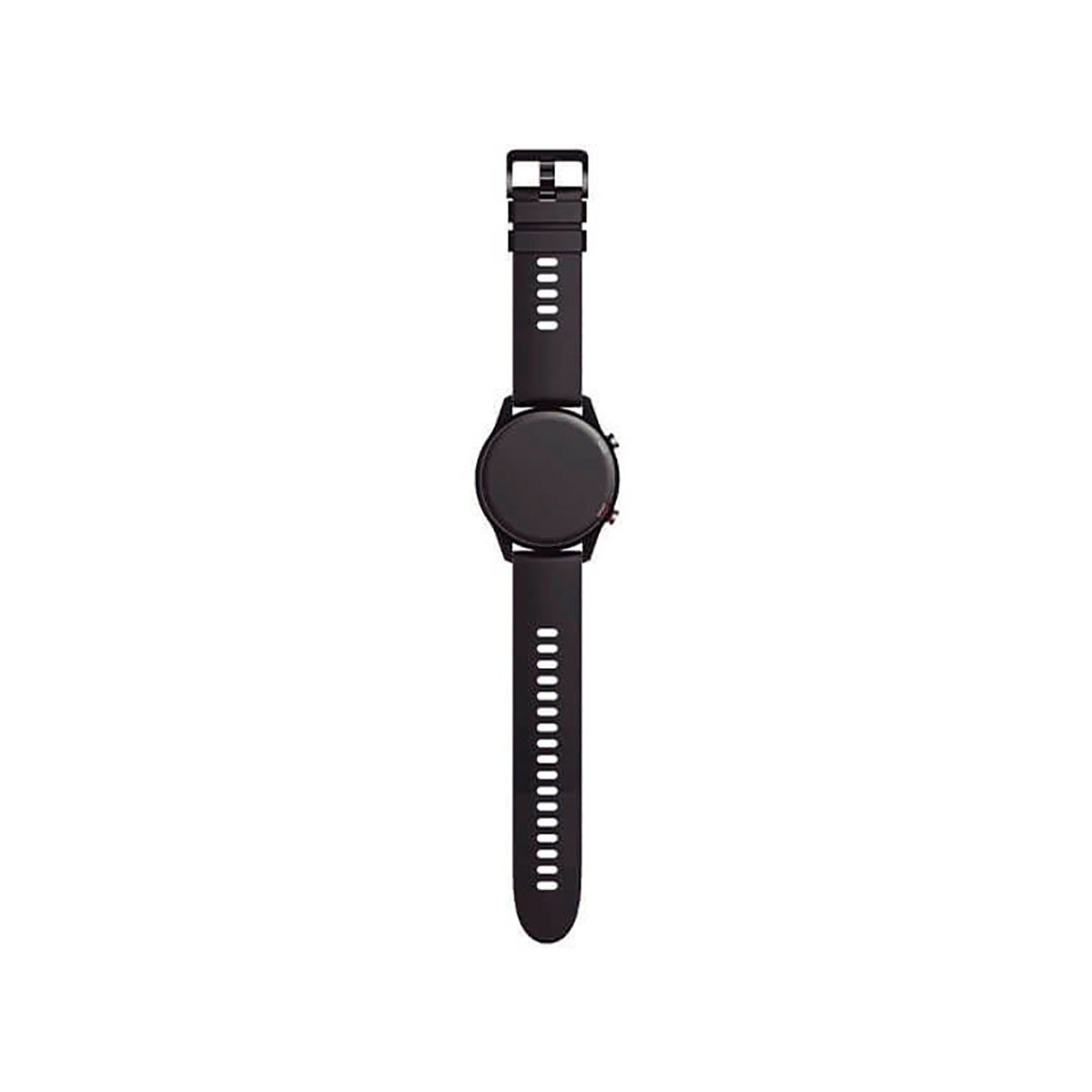 Eine schwarze Smartwatch mit rundem Zifferblatt und gelochtem Armband auf weißem Hintergrund.