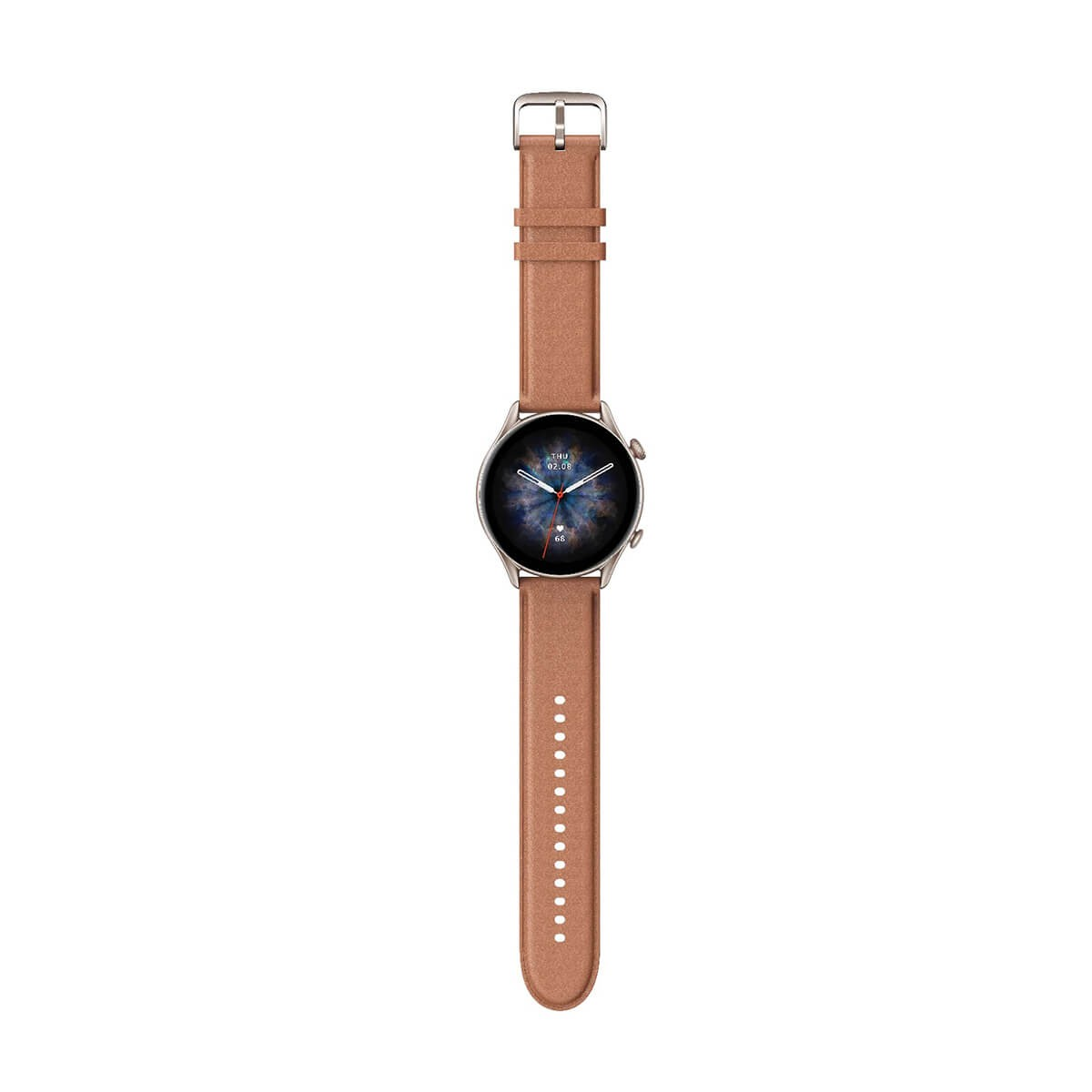 Uno smartwatch con quadrante nero rotondo e cinturino in pelle marrone chiaro su sfondo bianco.