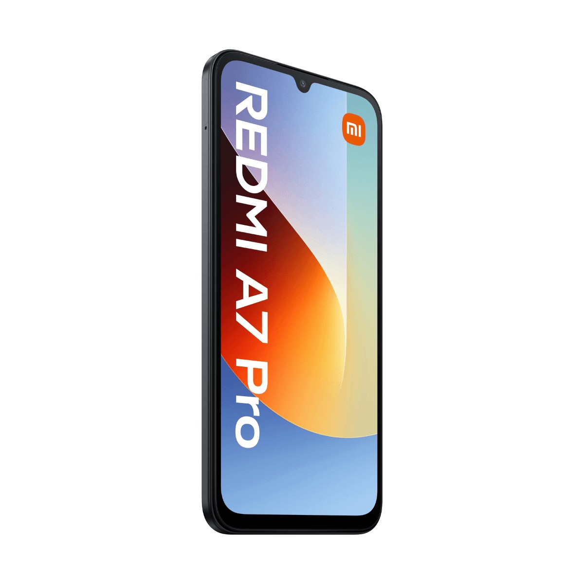 Schwarzes Redmi A7 Pro Smartphone mit Farbdisplay und weißem Text.