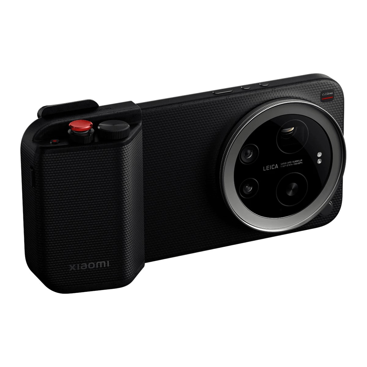 Ein schwarzes Xiaomi-Smartphone mit großem runden Leica-Kameramodul und Kameragriff mit rotem Auslöser.