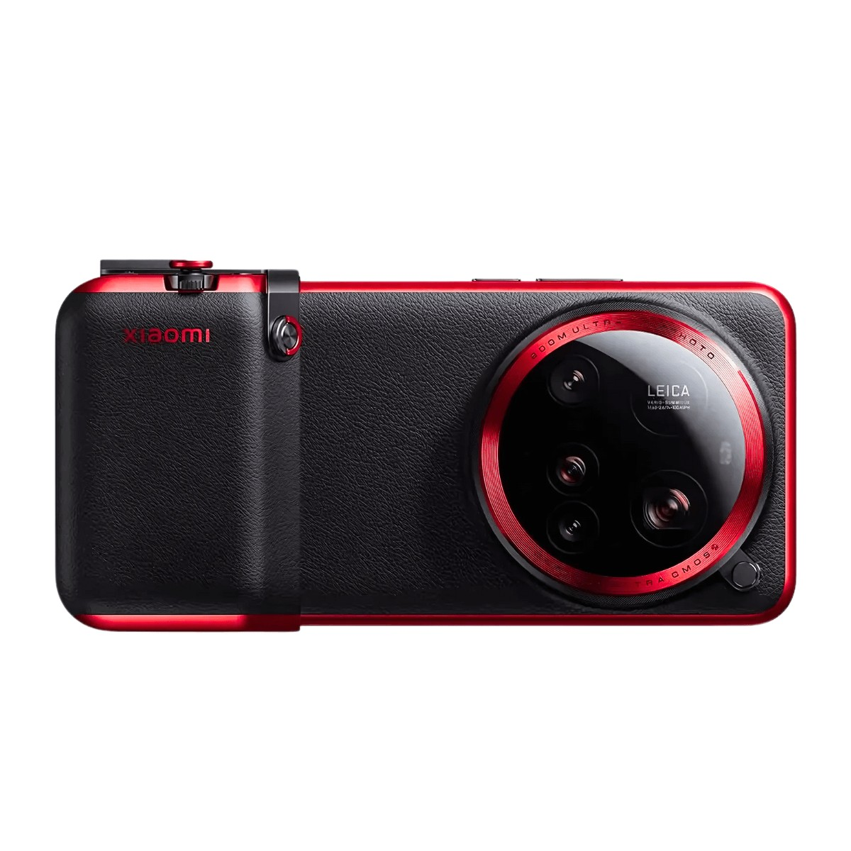 Ein rotes und schwarzes Xiaomi Smartphone mit Leder-Rückseite und großer Leica-Rückkamera.