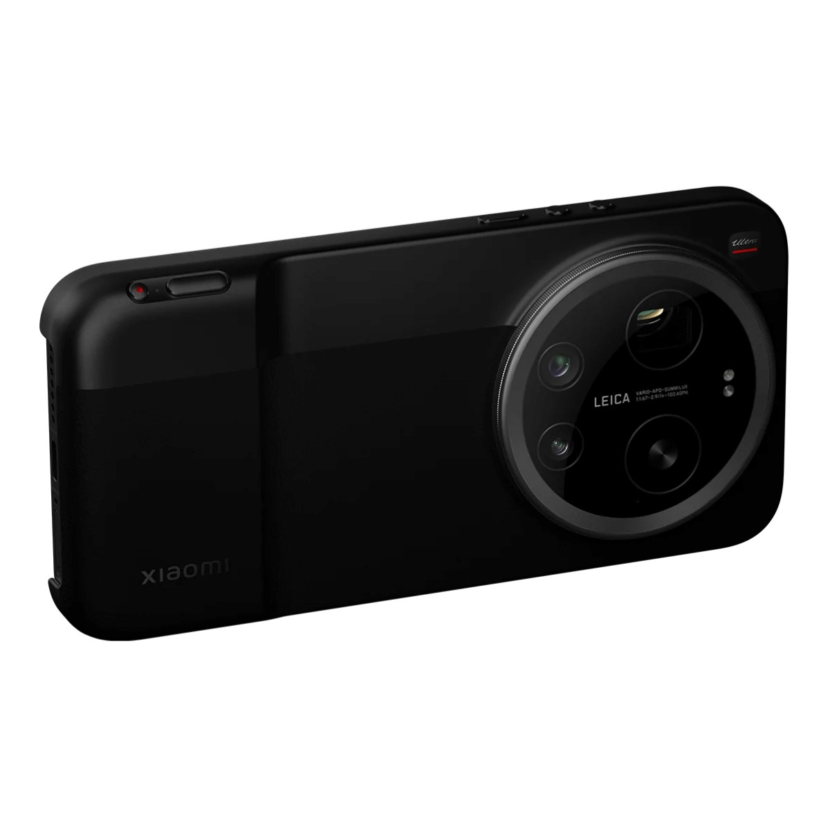 Ein schwarzes Xiaomi-Smartphone mit einem großen runden Leica-Kameraobjektiv auf der Rückseite auf weißem Hintergrund.
