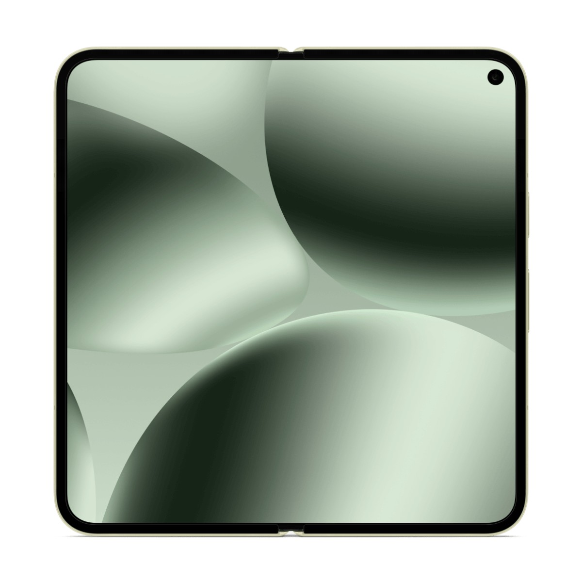 Un smartphone pliable ouvert à plat affiche un fond d'écran abstrait vert carré sur un fond blanc.