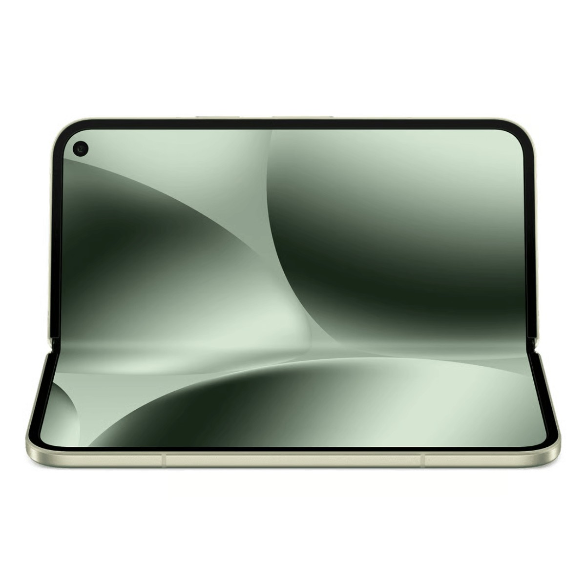Un smartphone pliable légèrement ouvert affichant un fond vert à motifs de vagues sur son écran.
