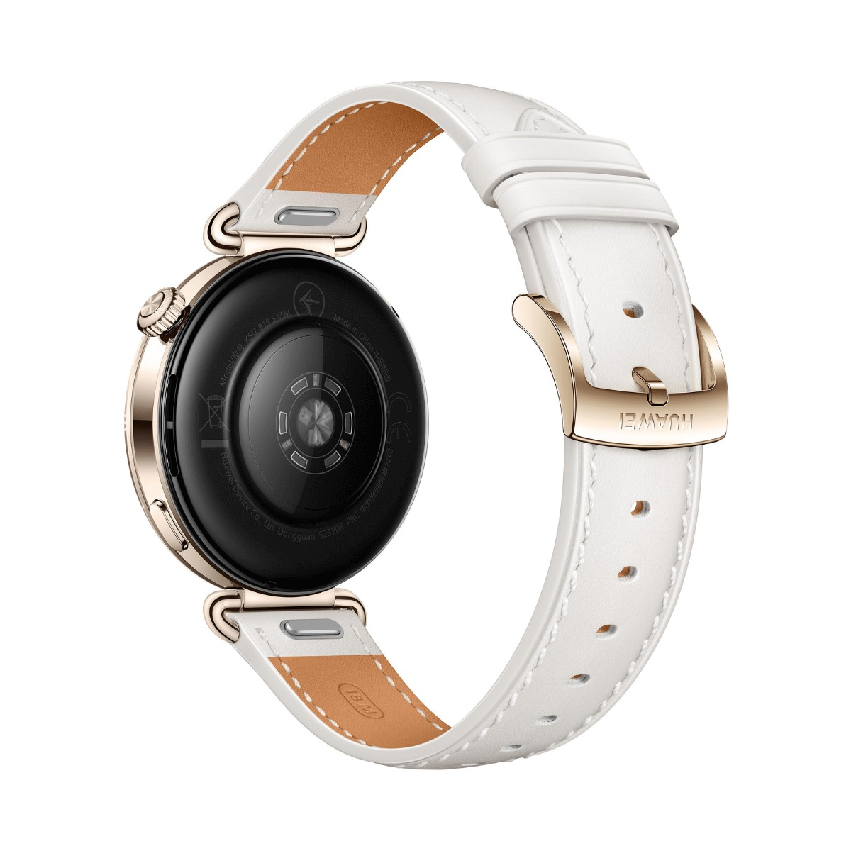 Retro di uno smartwatch in oro rosa con cinturino in pelle bianca e sensori su cassa nera.