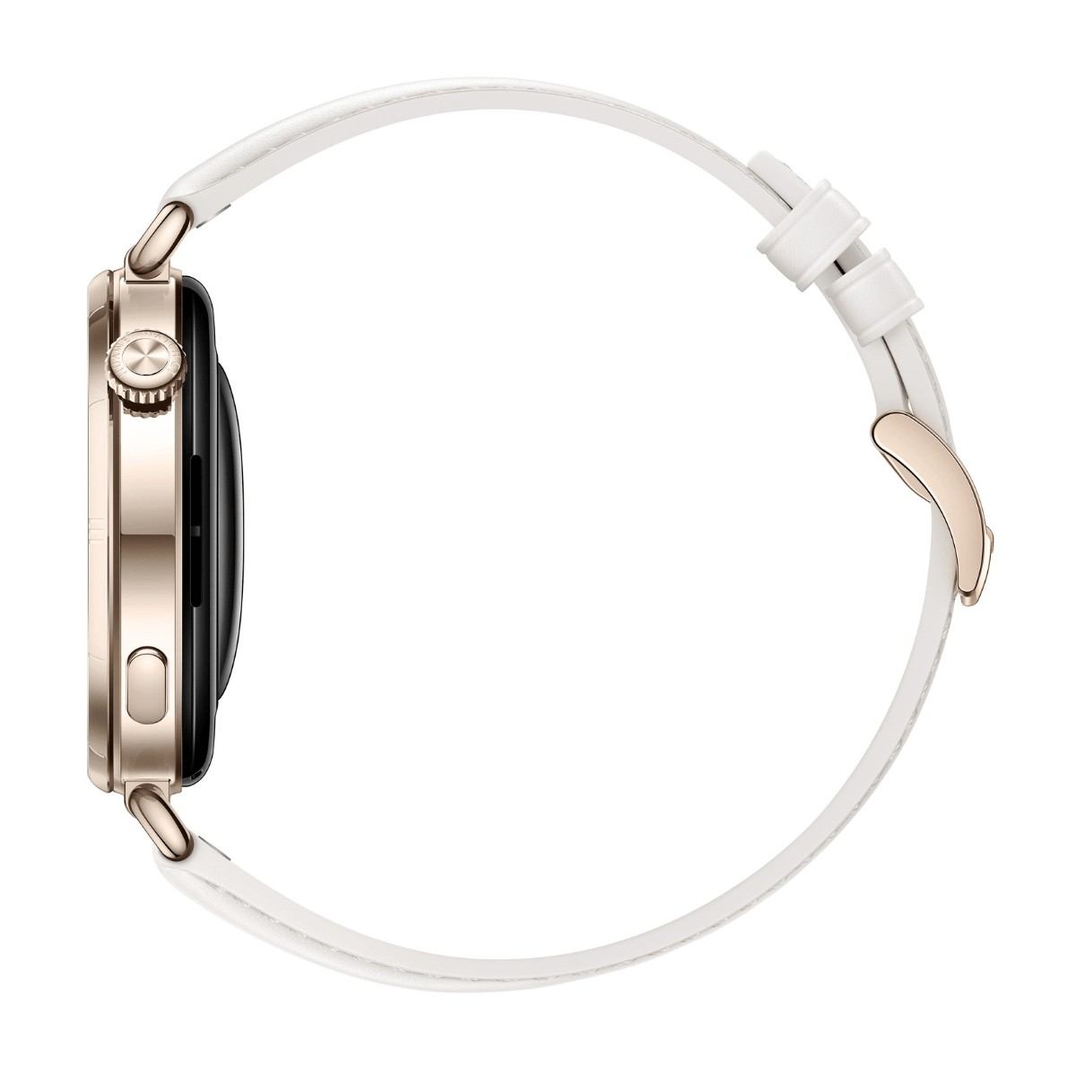 Vista laterale di uno smartwatch con cassa in oro rosa e cinturino in pelle bianca su sfondo bianco.